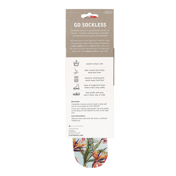 View of the back of floral style with flamingos print FLAT SOCK in packaging, washer & dryer safe, odor control tech help keep feet fresh, moisture-wicking pulls sweat away from foot, layer of supportive foam makes every step comfy, slim profile with grip won’t show, slip, or slide. #size_small-up-to-women-s-11-men-s-10