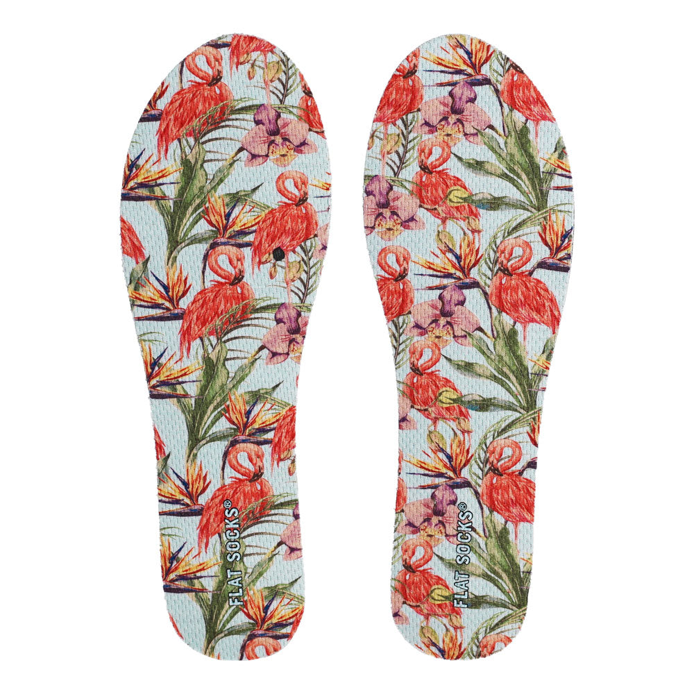 View of top fabric on pair of floral style with flamingos print FLAT SOCK, insole liner features pink orchid flowers with pink flamingos print on top fabric #size_small-up-to-women-s-11-men-s-10
