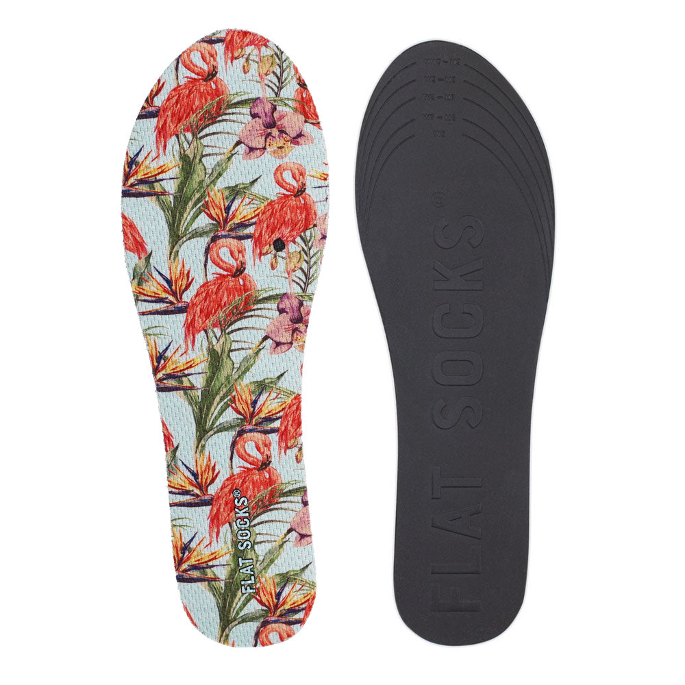 View of top fabric on left liner, view of bottom of right liner. Insole liner features floral style with flamingos print on top fabric. Bottom of FLAT SOCK is 100% black polyurethane foam and provides slight cushion under foot and its super grippy surface helps liner stay in place all day #size_small-up-to-women-s-11-men-s-10