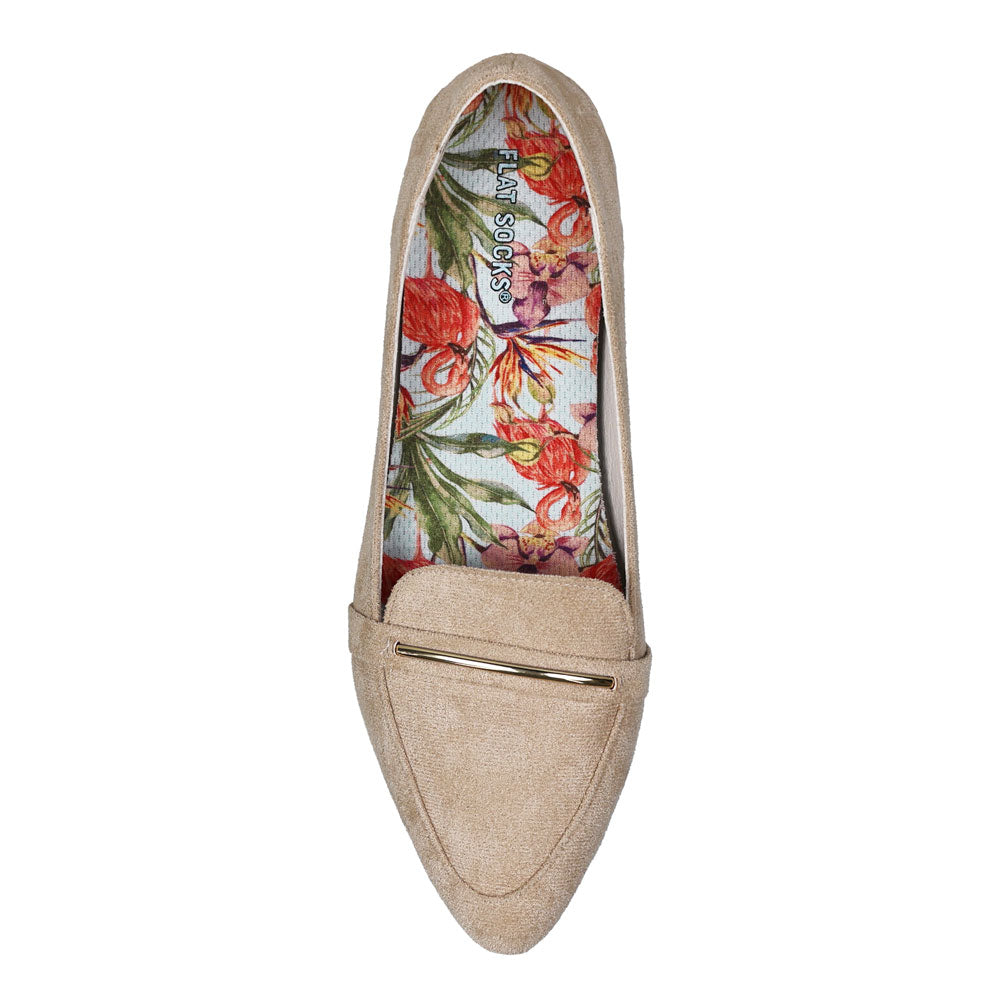 Floral style with flamingos print FLAT SOCK in tan slip-on flat shoe. Insole liner features pink orchid flowers with pink flamingos print on top fabric. Shoe liner is made of 100% cotton material, hypoallergenic, helps protect and extend life of shoes. #size_small-up-to-women-s-11-men-s-10