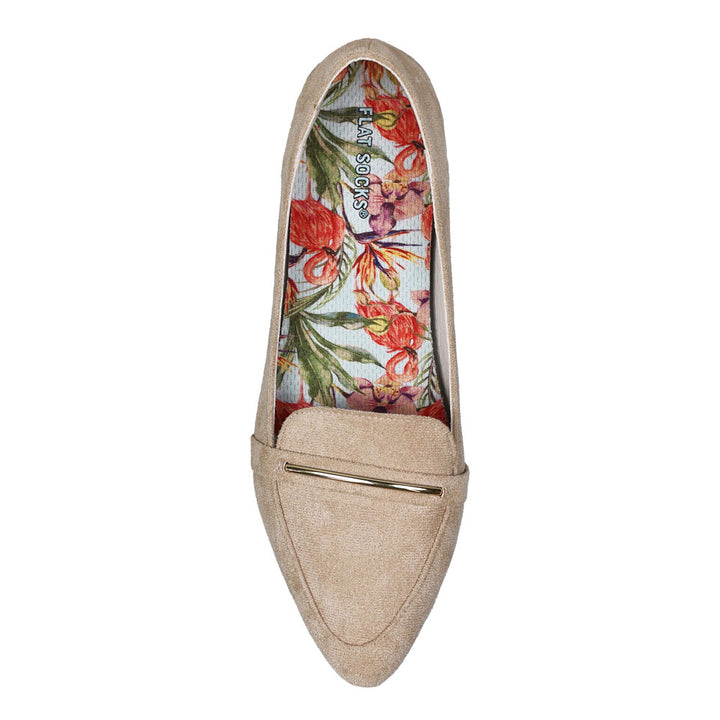 Floral style with flamingos print FLAT SOCK in tan slip-on flat shoe. Insole liner features pink orchid flowers with pink flamingos print on top fabric. Shoe liner is made of 100% cotton material, hypoallergenic, helps protect and extend life of shoes. #size_small-up-to-women-s-11-men-s-10