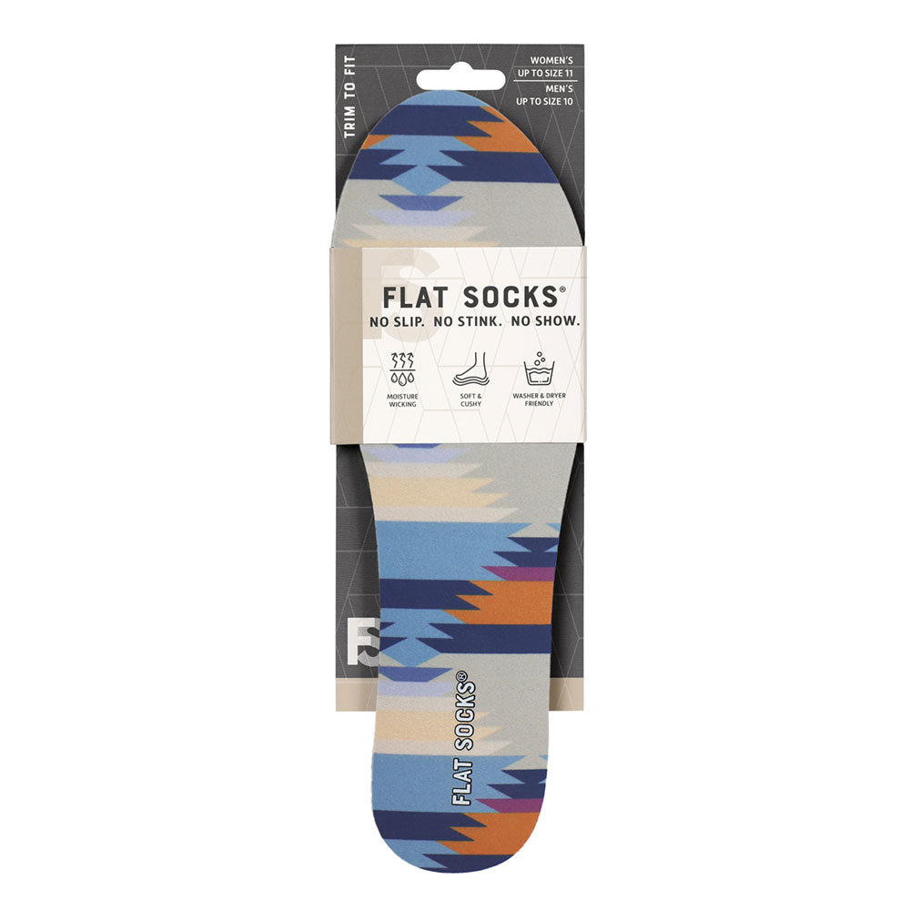 View of the front of gray, beige, orange, sky blue and navy blue cowboy core print FLAT SOCK in packaging, FLAT SOCKS no slip, no stink, no show. Moisture wicking, soft & cushy, washer & dryer friendly. Features cowboy core print on insole liner #size_small-up-to-women-s-11-men-s-10