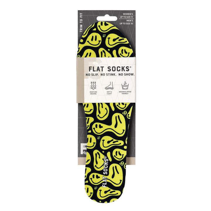 View of the front of black with yellow faces print FLAT SOCK in packaging, FLAT SOCKS no slip, no stink, no show. Moisture wicking, soft & cushy, washer & dryer friendly. Features black with wavy yellow smiley faces print on insole liner #size_small-up-to-women-s-11-men-s-10