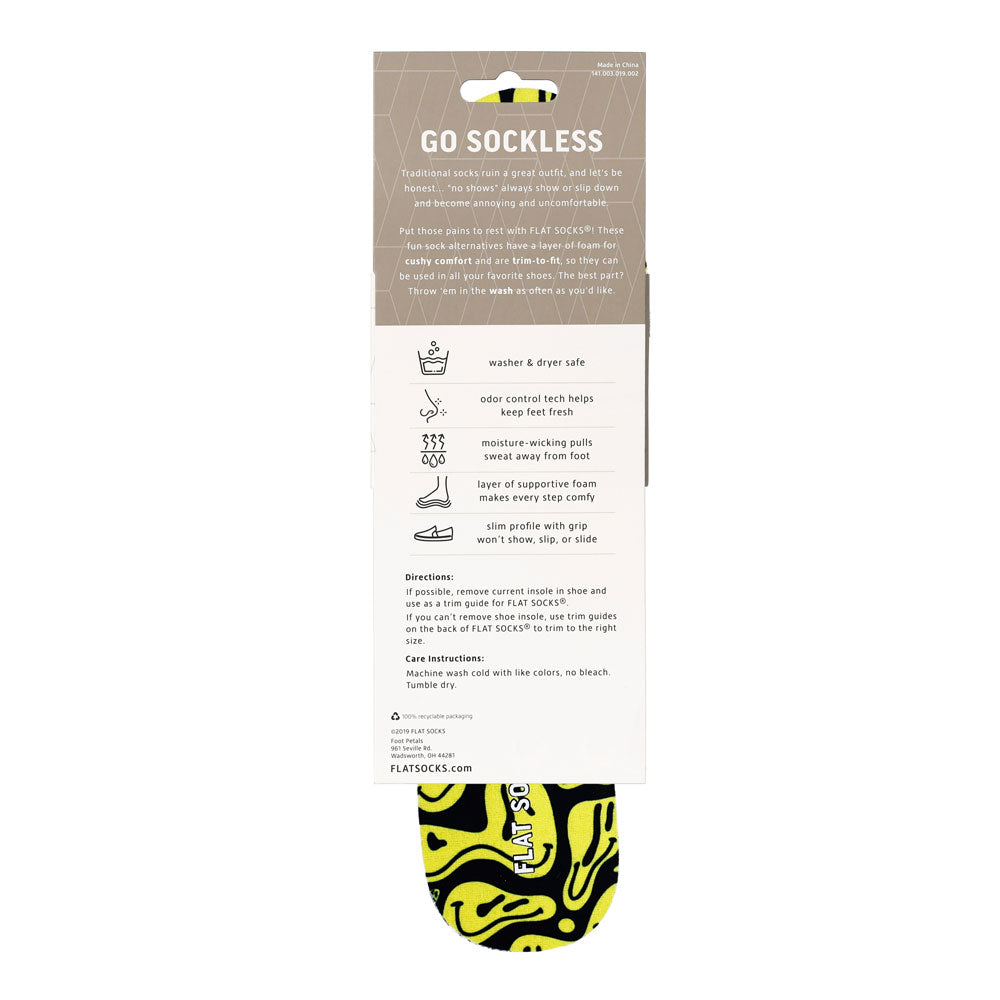 View of the back of black with yellow faces print FLAT SOCK in packaging, washer & dryer safe, odor control tech help keep feet fresh, moisture-wicking pulls sweat away from foot, layer of supportive foam makes every step comfy, slim profile with grip won’t show, slip, or slide. #size_small-up-to-women-s-11-men-s-10