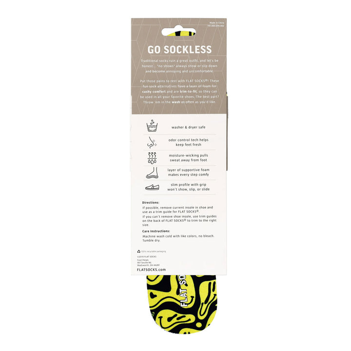 View of the back of black with yellow faces print FLAT SOCK in packaging, washer & dryer safe, odor control tech help keep feet fresh, moisture-wicking pulls sweat away from foot, layer of supportive foam makes every step comfy, slim profile with grip won’t show, slip, or slide. #size_small-up-to-women-s-11-men-s-10