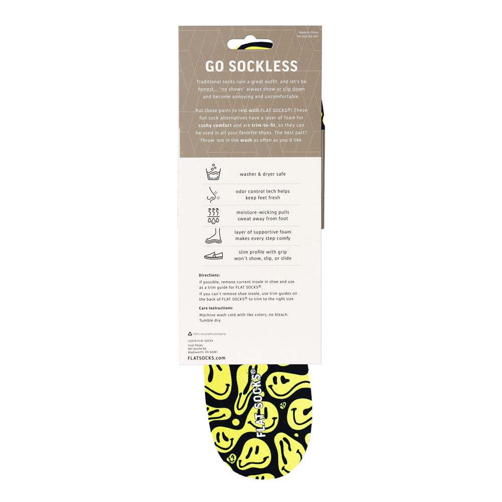 View of the back of black with yellow faces print FLAT SOCK in packaging, washer & dryer safe, odor control tech help keep feet fresh, moisture-wicking pulls sweat away from foot, layer of supportive foam makes every step comfy, slim profile with grip won’t show, slip, or slide. #size_large-up-to-women-s-13-men-s-14