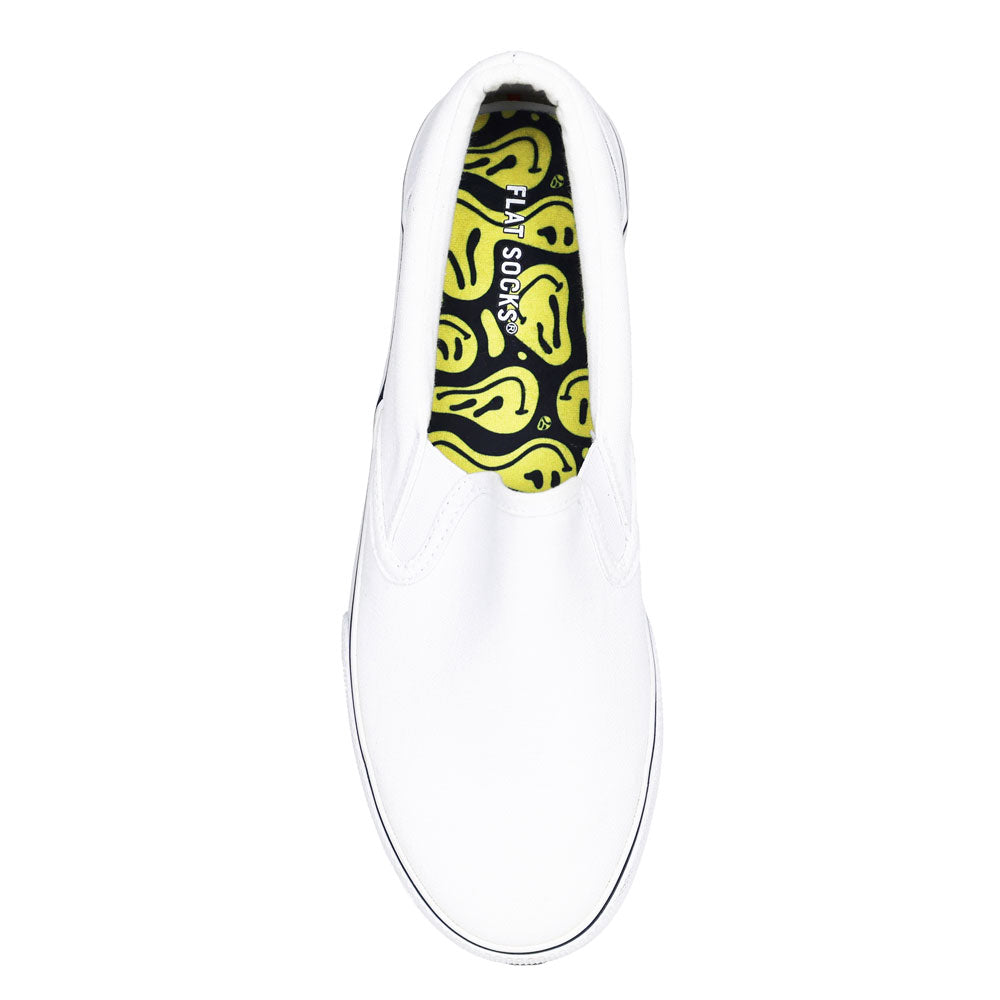 Black with yellow faces print FLAT SOCK in white slip-on shoe. Insole liner features black with wavy yellow smiley faces print on top fabric. Shoe liner is made of 100% polyester woven material, closest material to a traditional sock, helps protect and extend life of shoes. #size_large-up-to-women-s-13-men-s-14