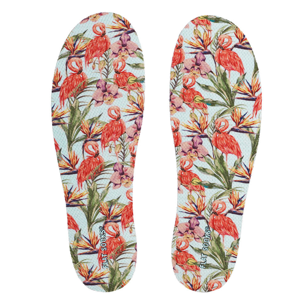 View of top fabric on pair of floral style with flamingos print FLAT SOCK, insole liner features pink orchid flowers with pink flamingos print on top fabric #size_large-up-to-women-s-13-men-s-14