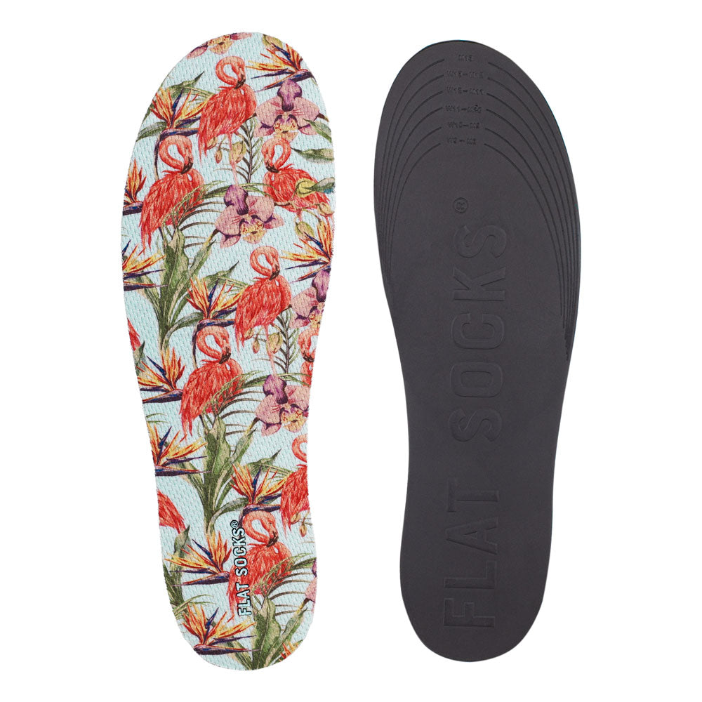 View of top fabric on left liner, view of bottom of right liner. Insole liner features floral style with flamingos print on top fabric. Bottom of FLAT SOCK is 100% black polyurethane foam and provides slight cushion under foot and its super grippy surface helps liner stay in place all day #size_large-up-to-women-s-13-men-s-14