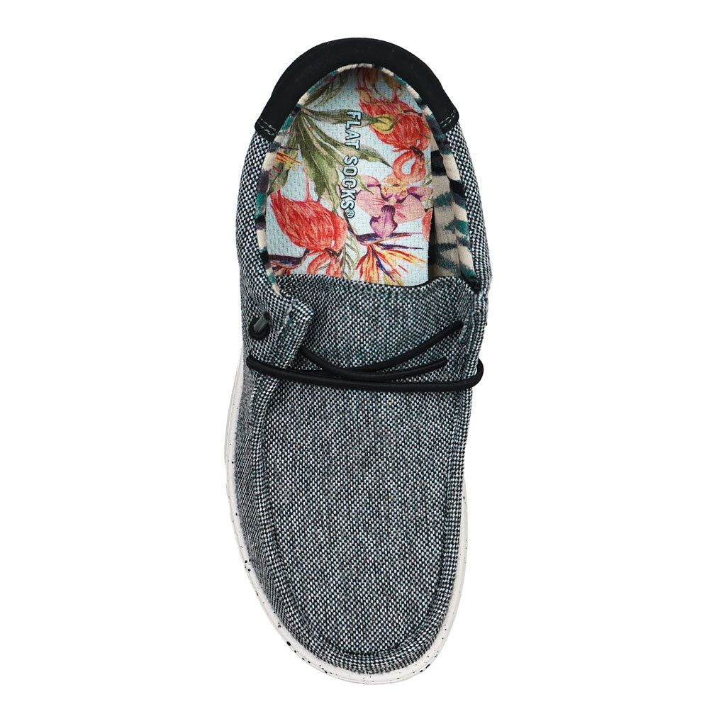 Floral style with flamingos print FLAT SOCK in gray slip-on shoe. Insole liner features pink orchid flowers with pink flamingos print on top fabric. Shoe liner is made of 100% cotton material, hypoallergenic, helps protect and extend life of shoes. #size_large-up-to-women-s-13-men-s-14