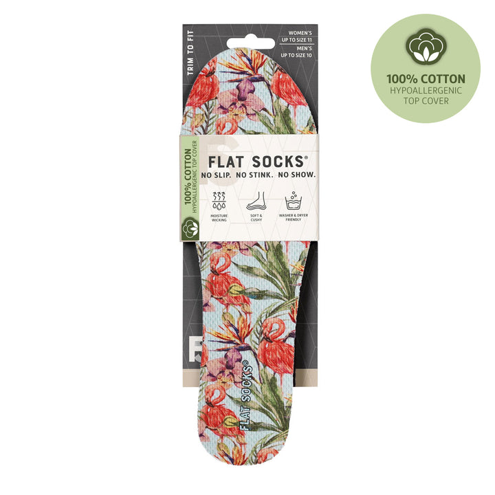 View of the front of floral style with flamingos print FLAT SOCK in packaging, FLAT SOCKS no slip, no stink, no show. Moisture wicking, soft & cushy, washer & dryer friendly. Features pink orchid flowers with pink flamingos print on insole liner #size_small-up-to-women-s-11-men-s-10