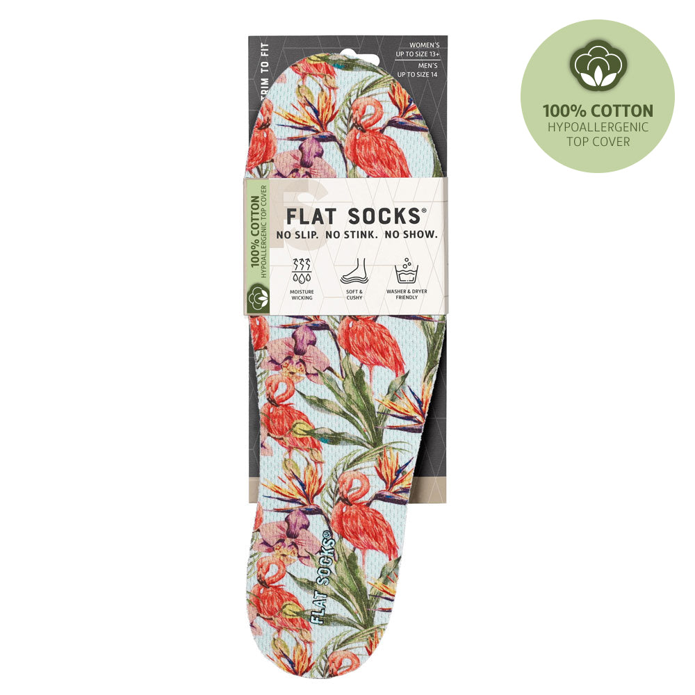 View of the front of floral style with flamingos print FLAT SOCK in packaging, FLAT SOCKS no slip, no stink, no show. Moisture wicking, soft & cushy, washer & dryer friendly. Features pink orchid flowers with pink flamingos print on insole liner #size_large-up-to-women-s-13-men-s-14