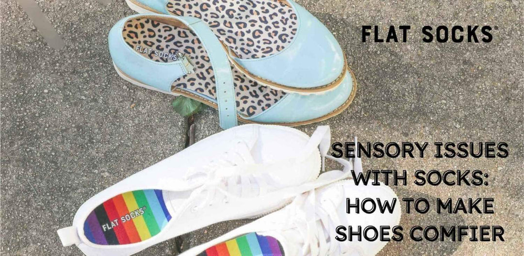 Two pairs of shoes on the sidewalk with no show Flat Socks