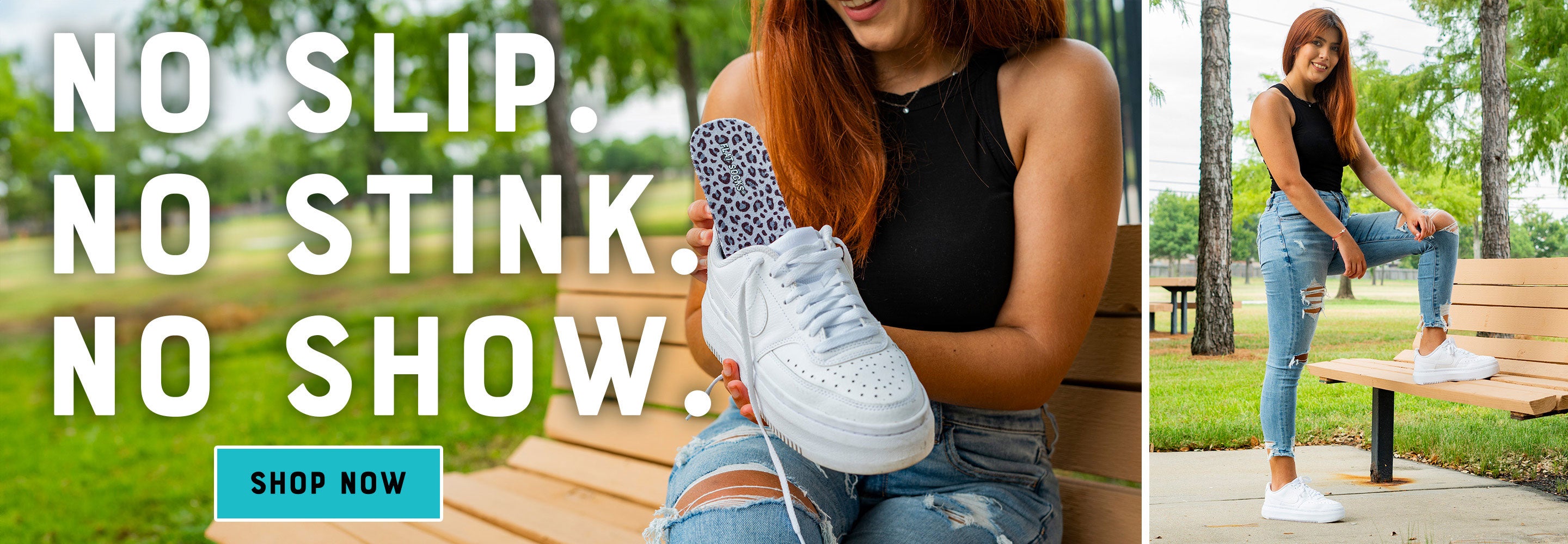Woman placing leopard FLAT SOCKS into white sneakers. FLAT SOCKS: No Slip. No Stink. No Show. Shop Now.