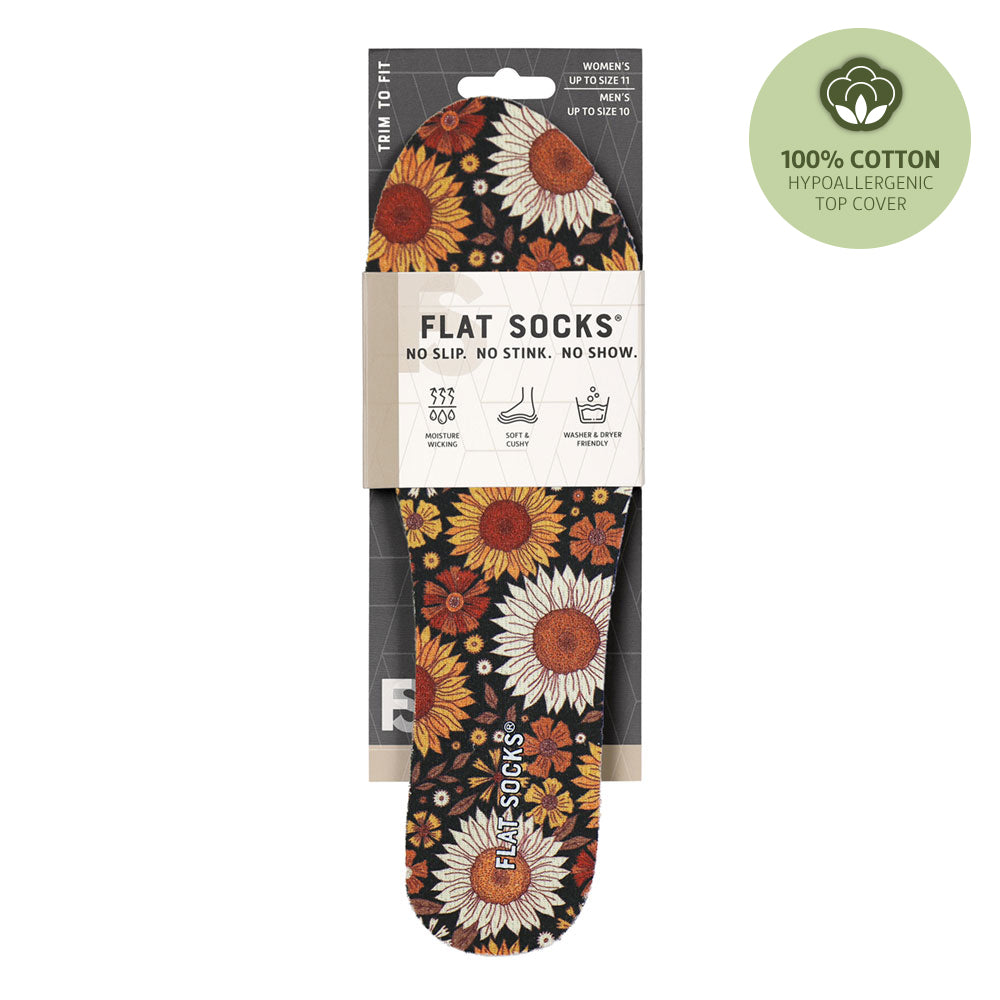 View of the front of amber, yellow, and pale yellow sunflower floral print FLAT SOCK in packaging, FLAT SOCKS no slip, no stink, no show. Moisture wicking, soft & cushy, washer & dryer friendly. Features sunflower floral print on insole liner #size_small-up-to-women-s-11-men-s-10