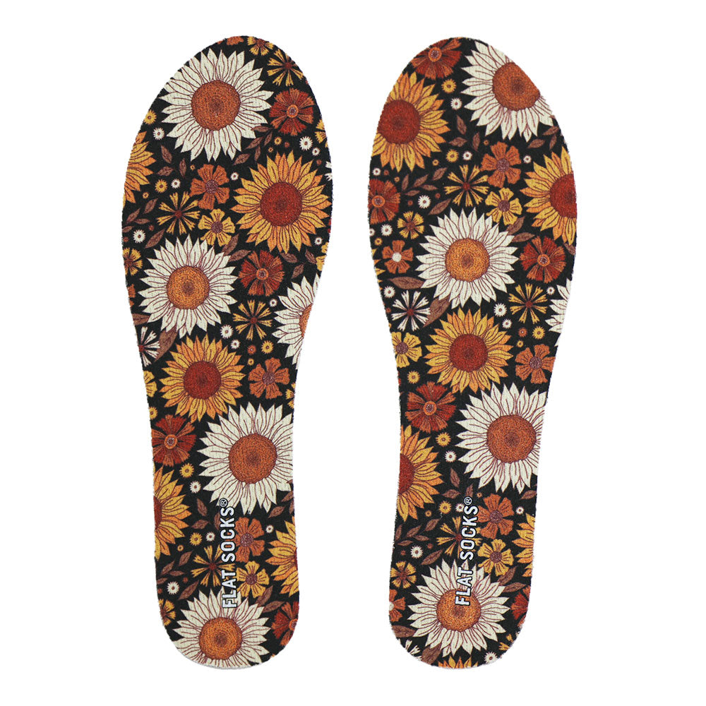 View of top fabric on pair of sunflower floral print FLAT SOCK, insole liner features amber, yellow, and pale yellow sunflower floral print on top fabric #size_small-up-to-women-s-11-men-s-10