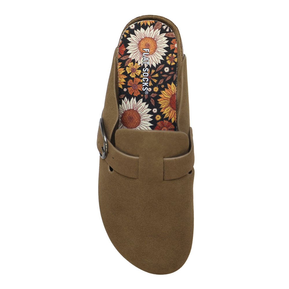 Amber, yellow, and pale yellow sunflower floral print FLAT SOCK in brown suede slip-on shoe. Insole liner features sunflower floral print on top fabric. Shoe liner is made of 100% highly durable mesh cotton material, naturally soft, breathable, and gentle on your skin; comfy and breathable; helps protect and extend life of shoes. #size_small-up-to-women-s-11-men-s-10