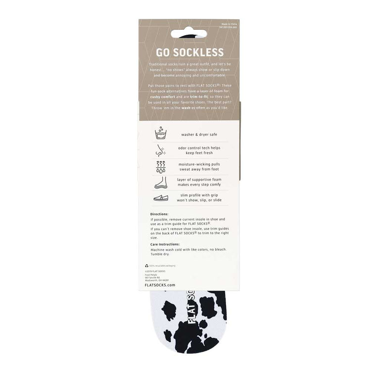 View of the back of white and black animal print FLAT SOCK in packaging, washer & dryer safe, odor control tech help keep feet fresh, moisture-wicking pulls sweat away from foot, layer of supportive foam makes every step comfy, slim profile with grip won’t show, slip, or slide. #size_small-up-to-women-s-11-men-s-10