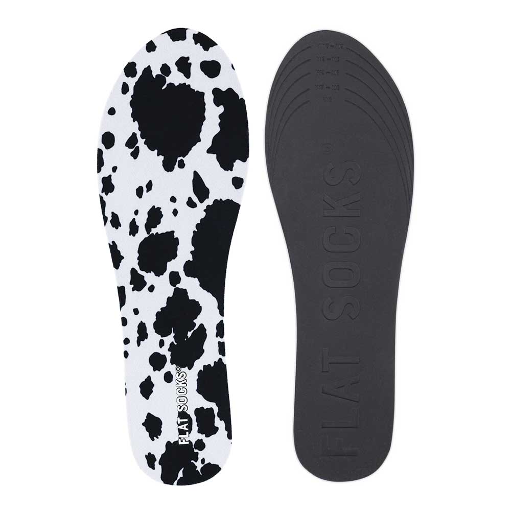 View of top fabric on left liner, view of bottom of right liner. Insole liner features white and black animal print on top fabric. Bottom of FLAT SOCK is 100% black polyurethane foam and provides slight cushion under foot and its super grippy surface helps liner stay in place all day #size_small-up-to-women-s-11-men-s-10