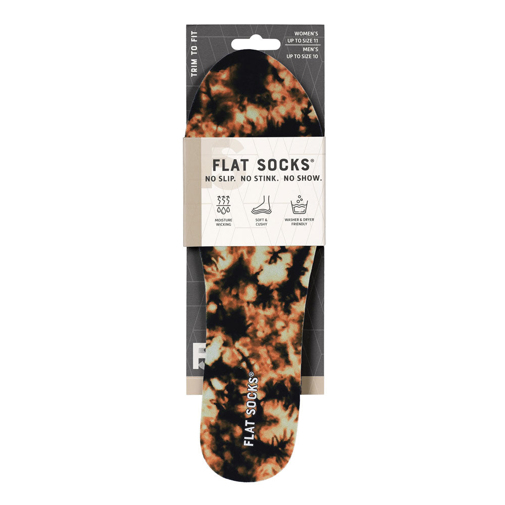 View of the front of Bleach Please print FLAT SOCK in packaging, FLAT SOCKS no slip, no stink, no show. Moisture wicking, soft & cushy, washer & dryer friendly. Features bleached tie-dye on black printed on insole liner