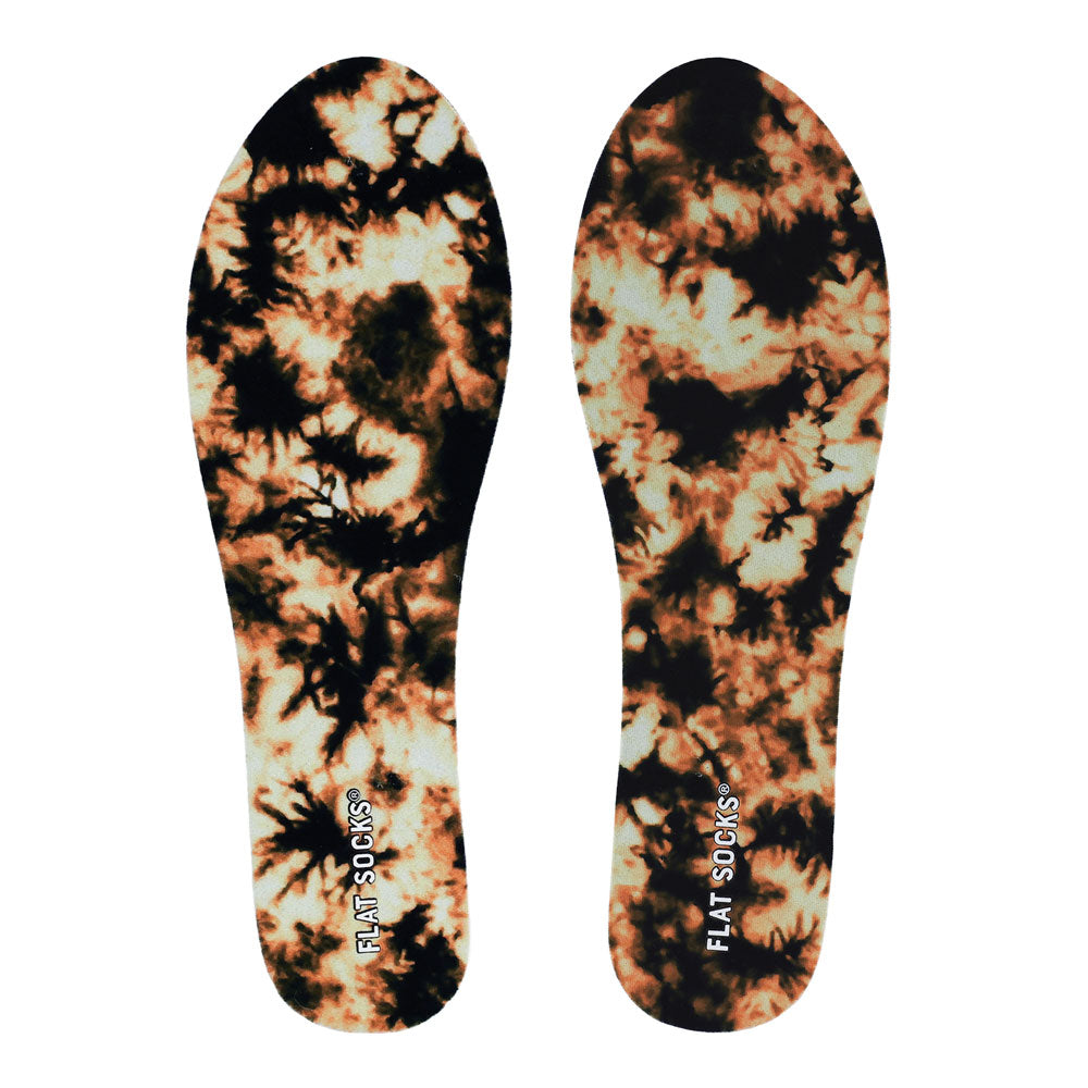 View of top fabric on pair of Bleach Please print FLAT SOCKS, insole liner features bleached tie-dye on black printed on top fabric