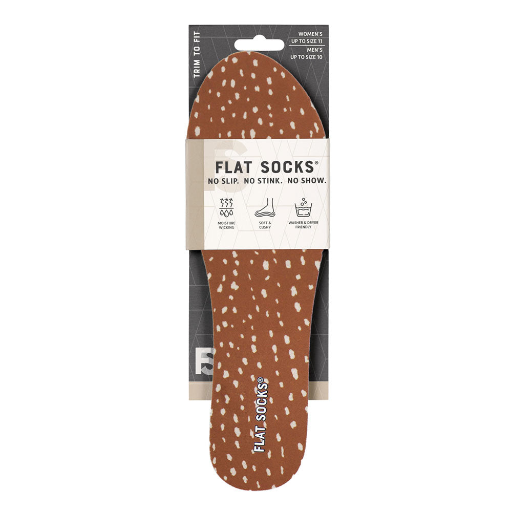 View of the front of brown red with creamy colored flecks, fawn animal print FLAT SOCK in packaging, FLAT SOCKS no slip, no stink, no show. Moisture wicking, soft & cushy, washer & dryer friendly. Features fawn animal print on insole liner #size_small-up-to-women-s-11-men-s-10