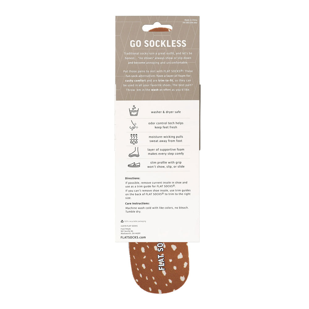 View of the back of brown red with creamy colored flecks, fawn animal print FLAT SOCK in packaging, washer & dryer safe, odor control tech help keep feet fresh, moisture-wicking pulls sweat away from foot, layer of supportive foam makes every step comfy, slim profile with grip won’t show, slip, or slide. #size_small-up-to-women-s-11-men-s-10