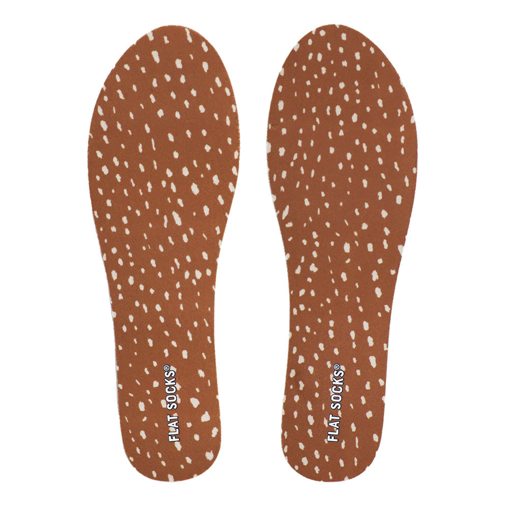View of top fabric on pair of fawn animal print FLAT SOCK, insole liner features brown red with creamy colored flecks, fawn animal print on top fabric #size_small-up-to-women-s-11-men-s-10