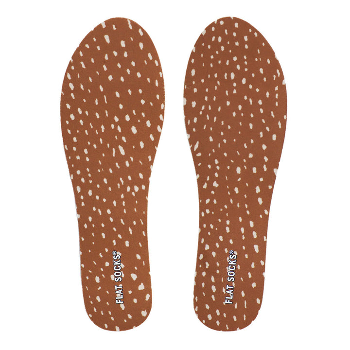 View of top fabric on pair of fawn animal print FLAT SOCK, insole liner features brown red with creamy colored flecks, fawn animal print on top fabric #size_small-up-to-women-s-11-men-s-10