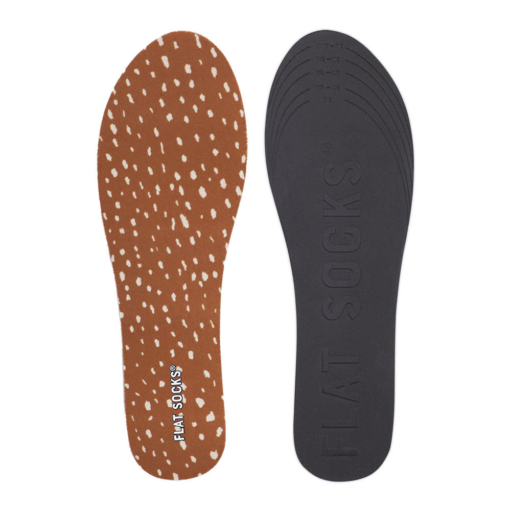 View of top fabric on left liner, view of bottom of right liner. Insole liner features brown red with creamy colored flecks, fawn animal print on top fabric. Bottom of FLAT SOCK is 100% black polyurethane foam and provides slight cushion under foot and its super grippy surface helps liner stay in place all day #size_small-up-to-women-s-11-men-s-10