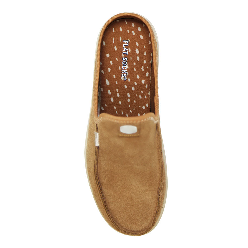 Brown red with creamy colored flecks, fawn animal print FLAT SOCK in light brown suede slip-on shoe. Insole liner features fawn animal core print on top fabric. Shoe liner is made of 100% polyester woven material, closest material to a traditional sock, helps protect and extend life of shoes. #size_small-up-to-women-s-11-men-s-10