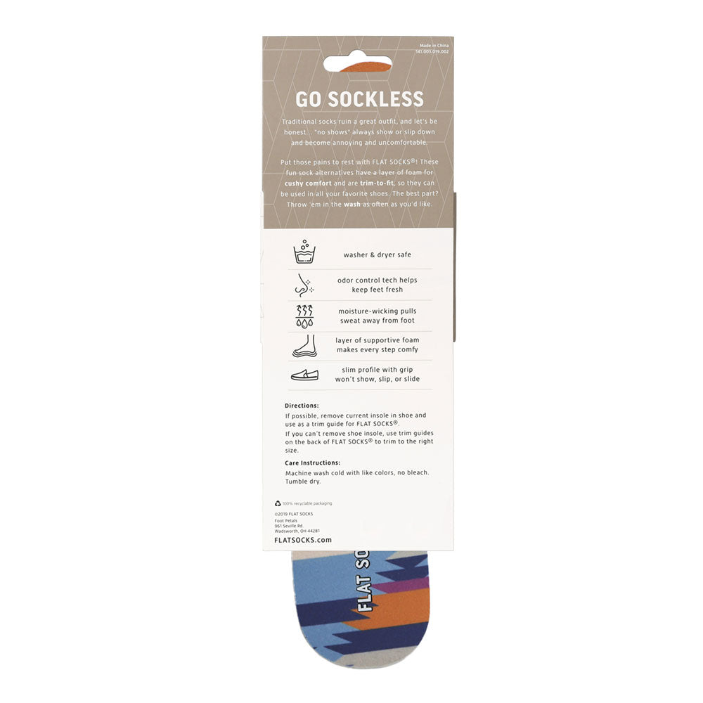 View of the back of gray, beige, orange, sky blue and navy blue cowboy core print FLAT SOCK in packaging, washer & dryer safe, odor control tech help keep feet fresh, moisture-wicking pulls sweat away from foot, layer of supportive foam makes every step comfy, slim profile with grip won’t show, slip, or slide. #size_small-up-to-women-s-11-men-s-10