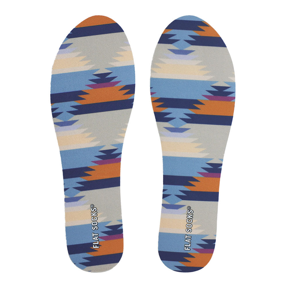 View of top fabric on pair of cowboy core print FLAT SOCK, insole liner features gray, beige, orange, sky blue and navy blue cowboy core print on top fabric #size_small-up-to-women-s-11-men-s-10