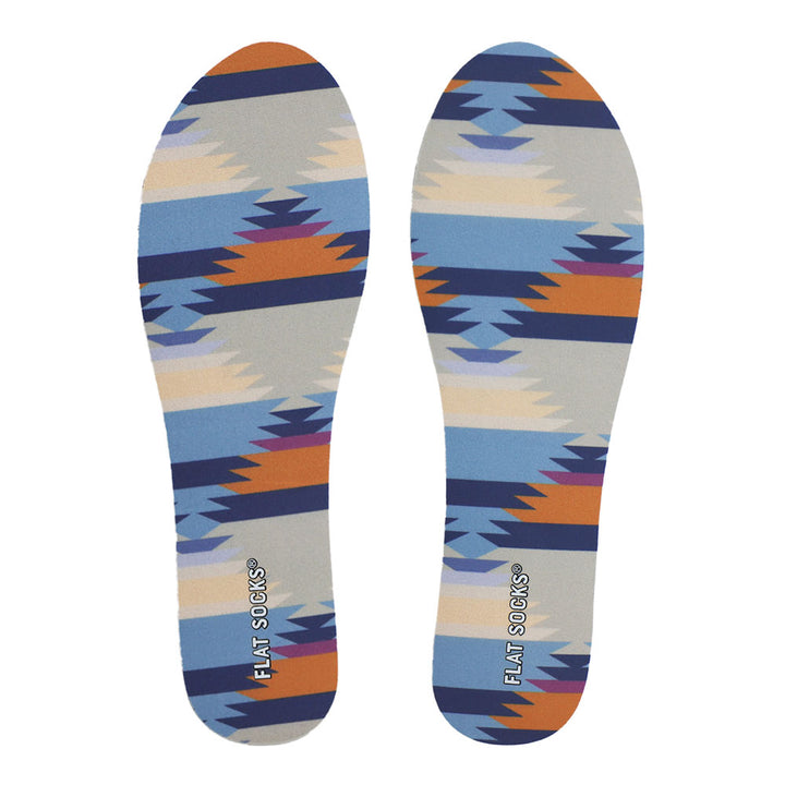 View of top fabric on pair of cowboy core print FLAT SOCK, insole liner features gray, beige, orange, sky blue and navy blue cowboy core print on top fabric #size_small-up-to-women-s-11-men-s-10