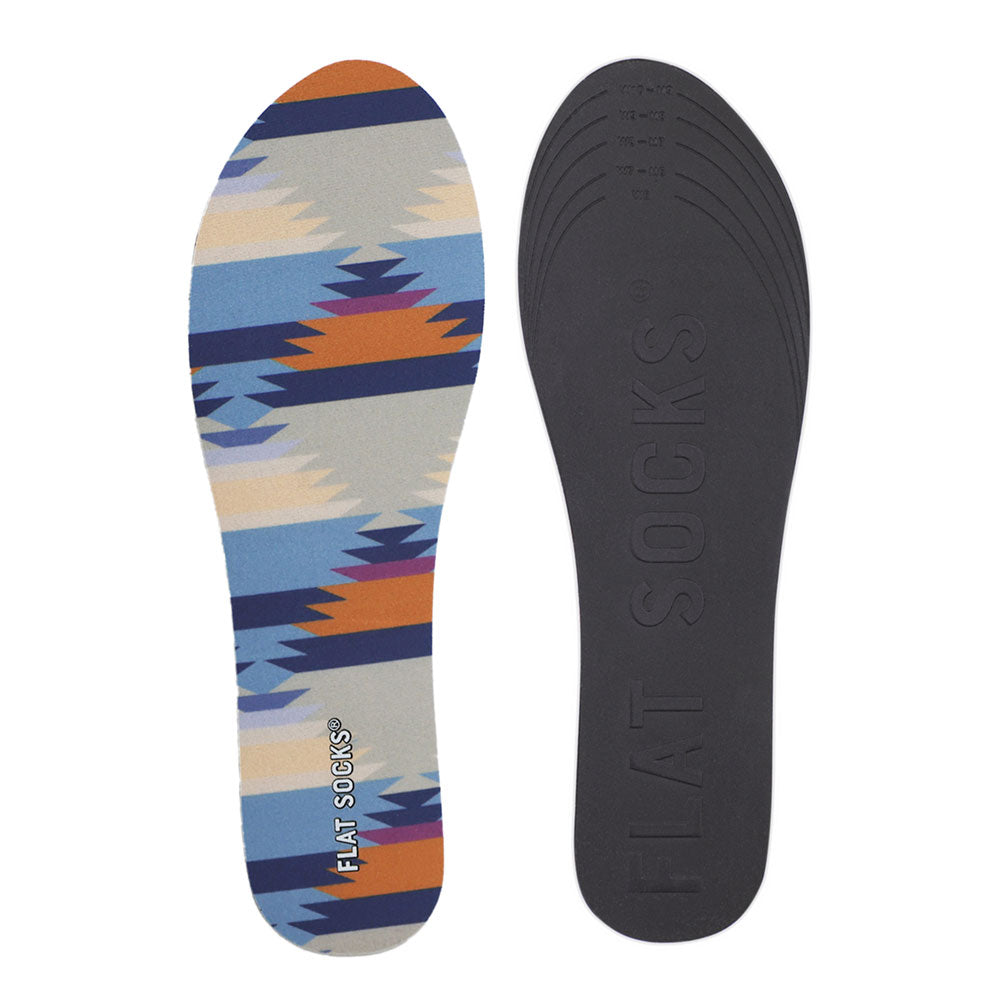 View of top fabric on left liner, view of bottom of right liner. Insole liner features gray, beige, orange, sky blue and navy blue cowboy core print on top fabric. Bottom of FLAT SOCK is 100% black polyurethane foam and provides slight cushion under foot and its super grippy surface helps liner stay in place all day #size_small-up-to-women-s-11-men-s-10