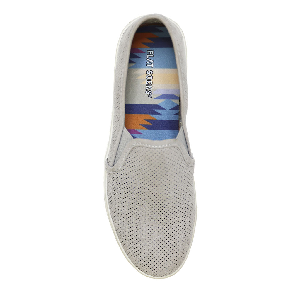 Gray, beige, orange, sky blue and navy blue cowboy core print FLAT SOCK in light gray slip-on shoe. Insole liner features cowboy core print on top fabric. Shoe liner is made of 100% polyester woven material, closest material to a traditional sock, helps protect and extend life of shoes. #size_small-up-to-women-s-11-men-s-10