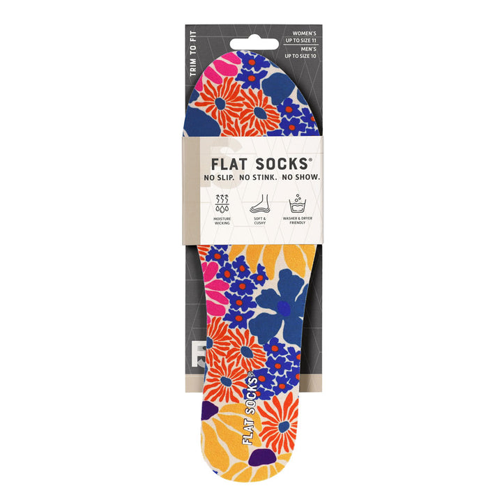 View of the front of multi-colored retro floral print FLAT SOCK in packaging, FLAT SOCKS no slip, no stink, no show. Moisture wicking, soft & cushy, washer & dryer friendly. Features blue, orange, hot pink, purple and yellow flowers print on insole liner #size_small-up-to-women-s-11-men-s-10