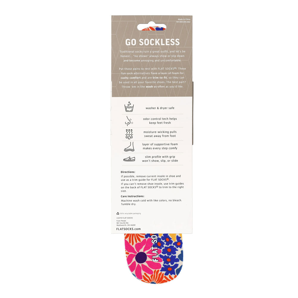 View of the back of multi-colored retro floral print FLAT SOCK in packaging, washer & dryer safe, odor control tech help keep feet fresh, moisture-wicking pulls sweat away from foot, layer of supportive foam makes every step comfy, slim profile with grip won’t show, slip, or slide. #size_small-up-to-women-s-11-men-s-10