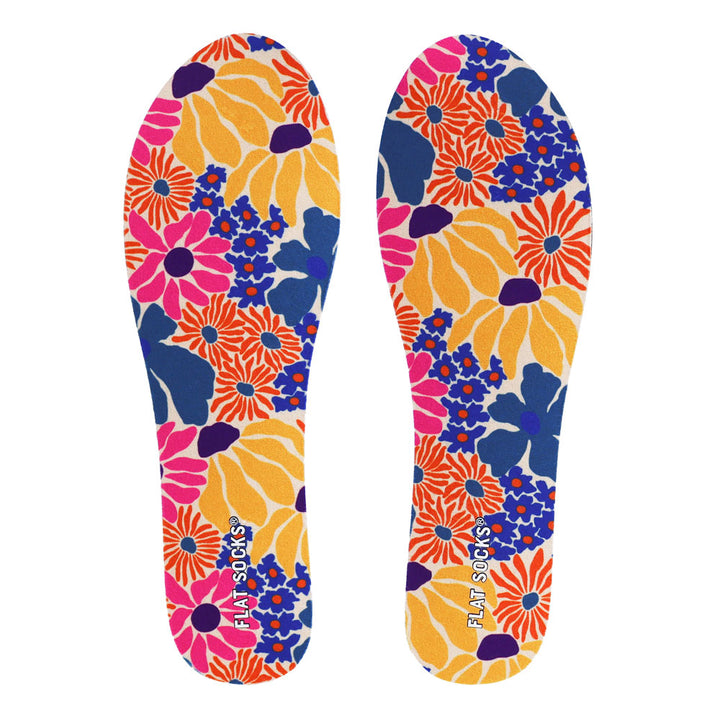 View of top fabric on pair of multi-colored retro floral print FLAT SOCK, insole liner features blue, orange, hot pink, purple and yellow flowers print on top fabric #size_small-up-to-women-s-11-men-s-10