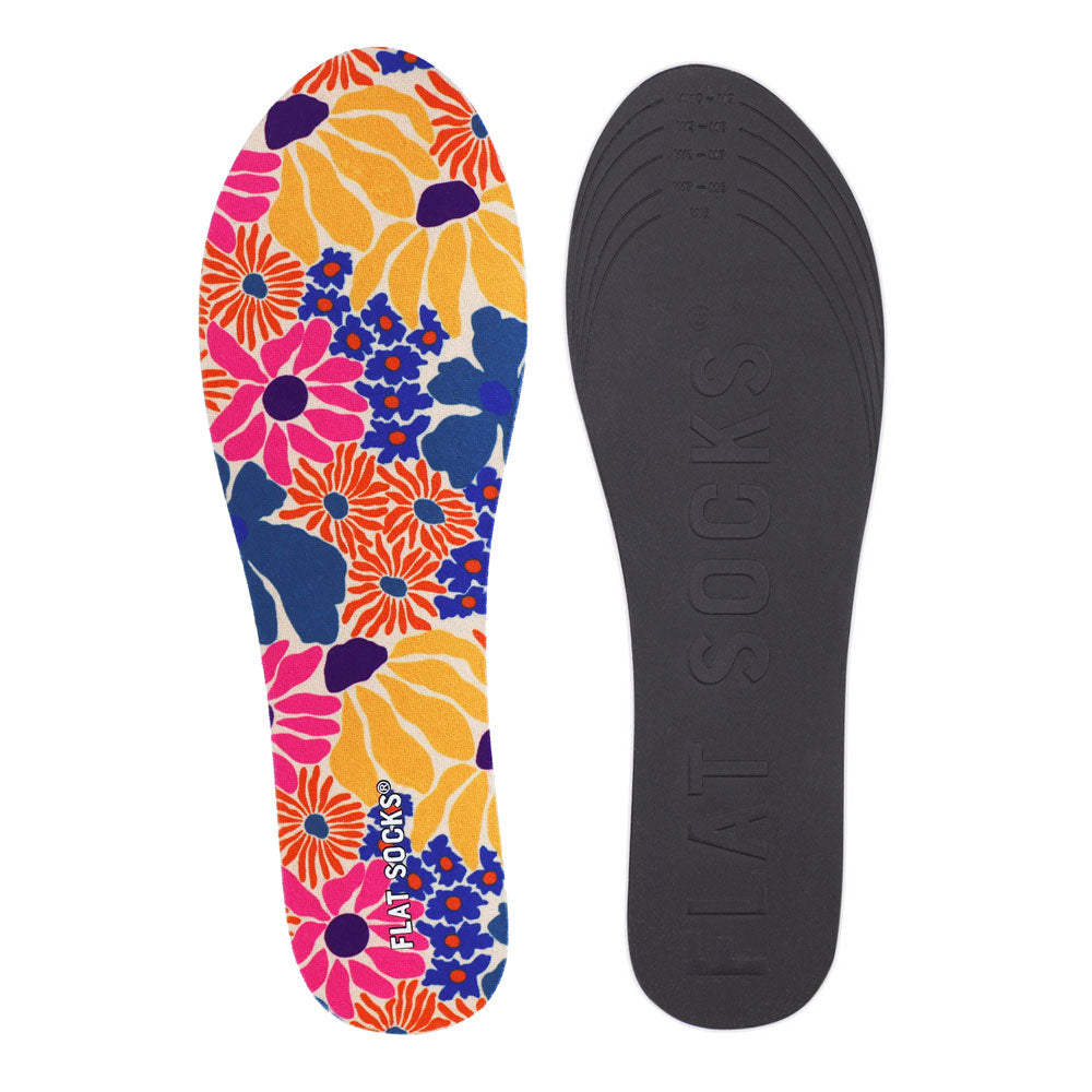 View of top fabric on left liner, view of bottom of right liner. Insole liner features multi-colored retro floral print on top fabric. Bottom of FLAT SOCK is 100% black polyurethane foam and provides slight cushion under foot and its super grippy surface helps liner stay in place all day #size_small-up-to-women-s-11-men-s-10