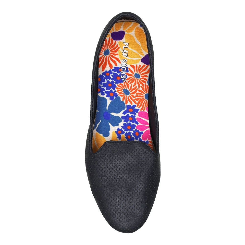 Multi-colored retro floral print FLAT SOCK in black slip-on shoe. Insole liner features blue, orange, hot pink, purple and yellow flowers print on top fabric. Shoe liner is made of 100% polyester woven material, closest material to a traditional sock, helps protect and extend life of shoes. #size_small-up-to-women-s-11-men-s-10