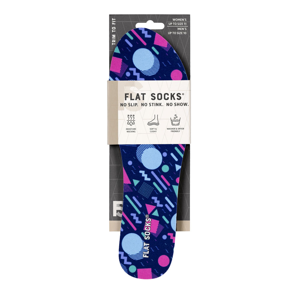 View of the front of dark blue with 1980s and 1990s Memphis style print FLAT SOCK in packaging, FLAT SOCKS no slip, no stink, no show. Moisture wicking, soft & cushy, washer & dryer friendly. Features fuchsia, teal, purple, and light-blue Memphis style shapes printed on insole liner #size_small-up-to-women-s-11-men-s-10