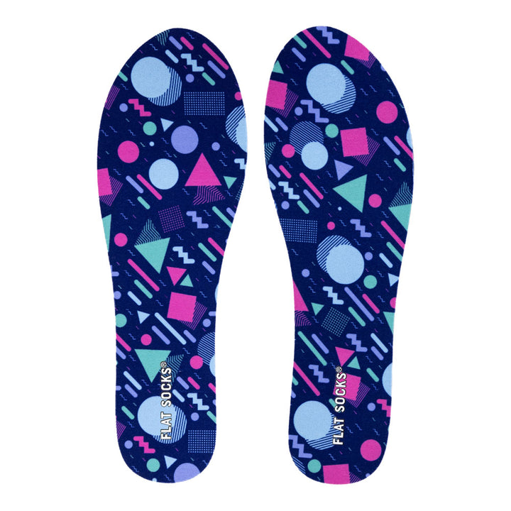 View of top fabric on pair of dark blue with 1980s and 1990s Memphis style print FLAT SOCKS, insole liner features fuchsia, teal, purple, and light-blue Memphis style shapes on top fabric #size_small-up-to-women-s-11-men-s-10