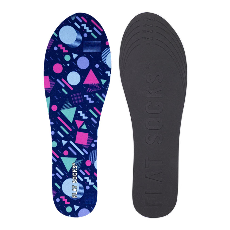 View of top fabric on left liner, view of bottom of right liner. Insole liner features fuchsia, teal, purple, and light-blue Memphis style shapes on top fabric. Bottom of FLAT SOCK is 100% black polyurethane foam and provides slight cushion under foot and its super grippy surface helps liner stay in place all day #size_small-up-to-women-s-11-men-s-10