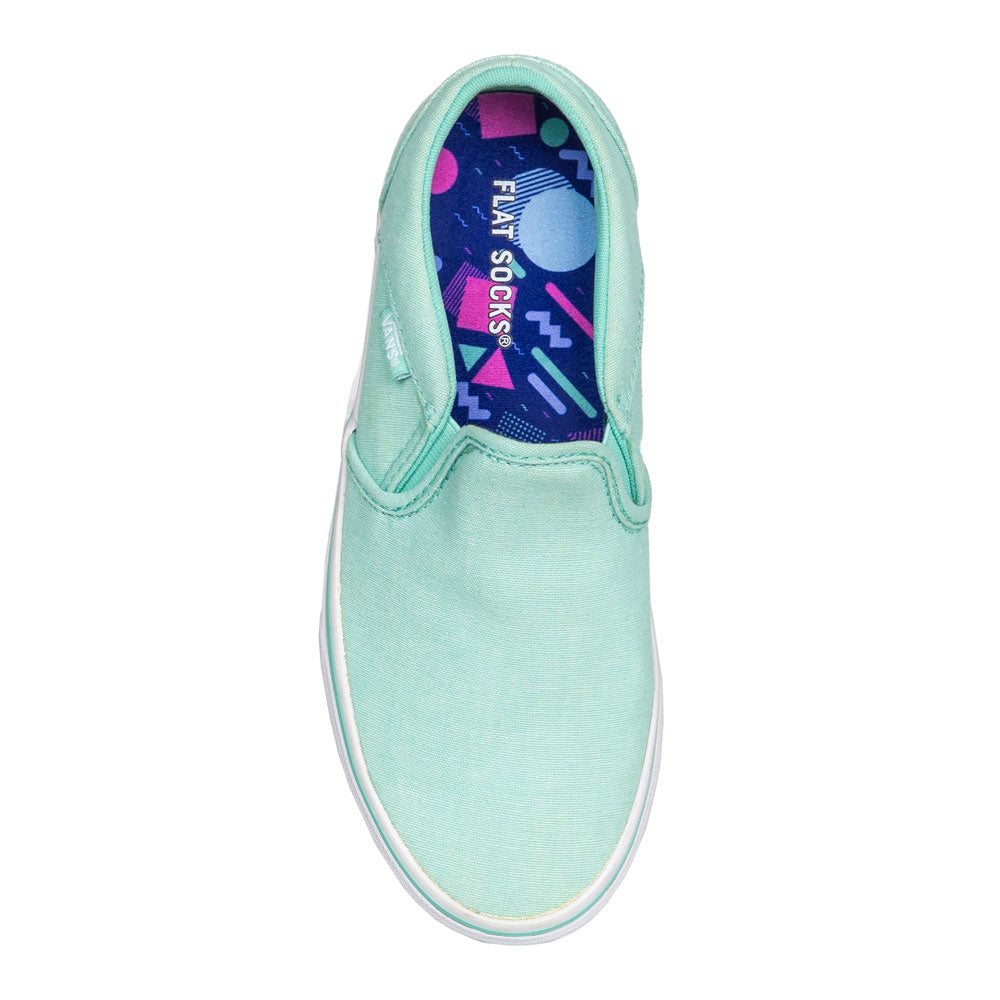 Dark blue with 1980s and 1990s Memphis style print FLAT SOCK in light-teal slip-on flat shoe. Insole liner features fuchsia, teal, purple, and light-blue Memphis style shapes on top fabric. Shoe liner is made of 100% polyester knit micro-pile, which is a material closest to a traditional sock, helps protect and extend life of shoes. #size_small-up-to-women-s-11-men-s-10