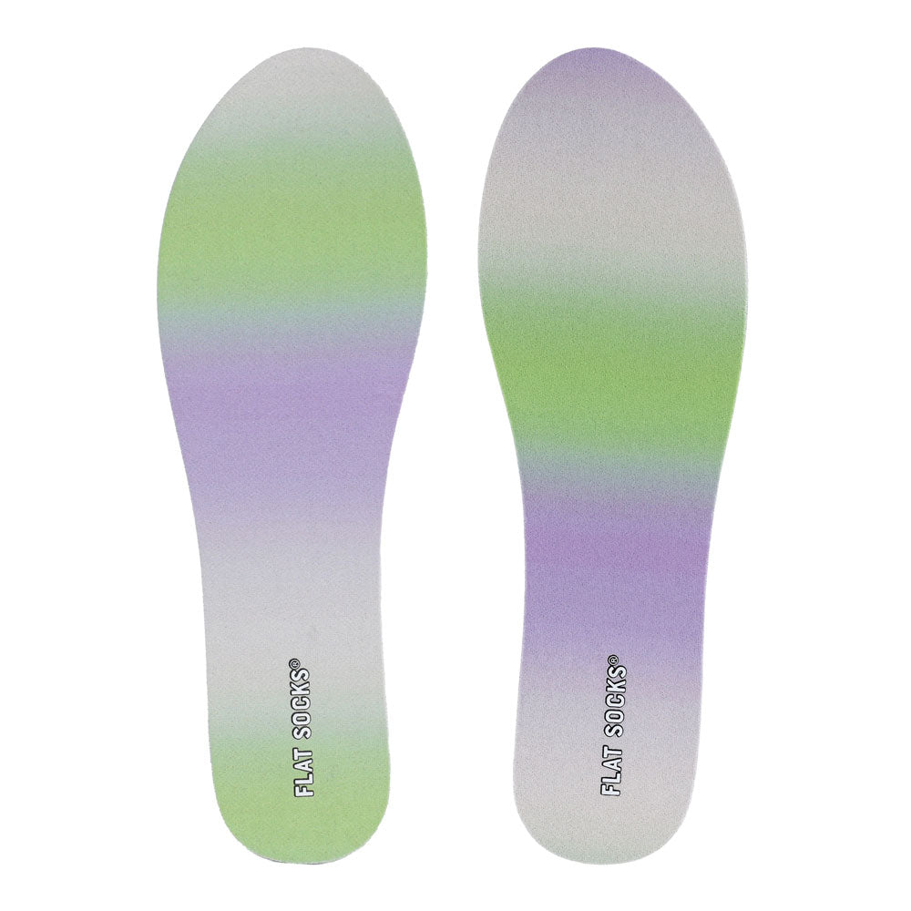 View of top fabric on pair of Lilac Ombre print FLAT SOCKS, insole liner features purple & green gradient printed on top fabric