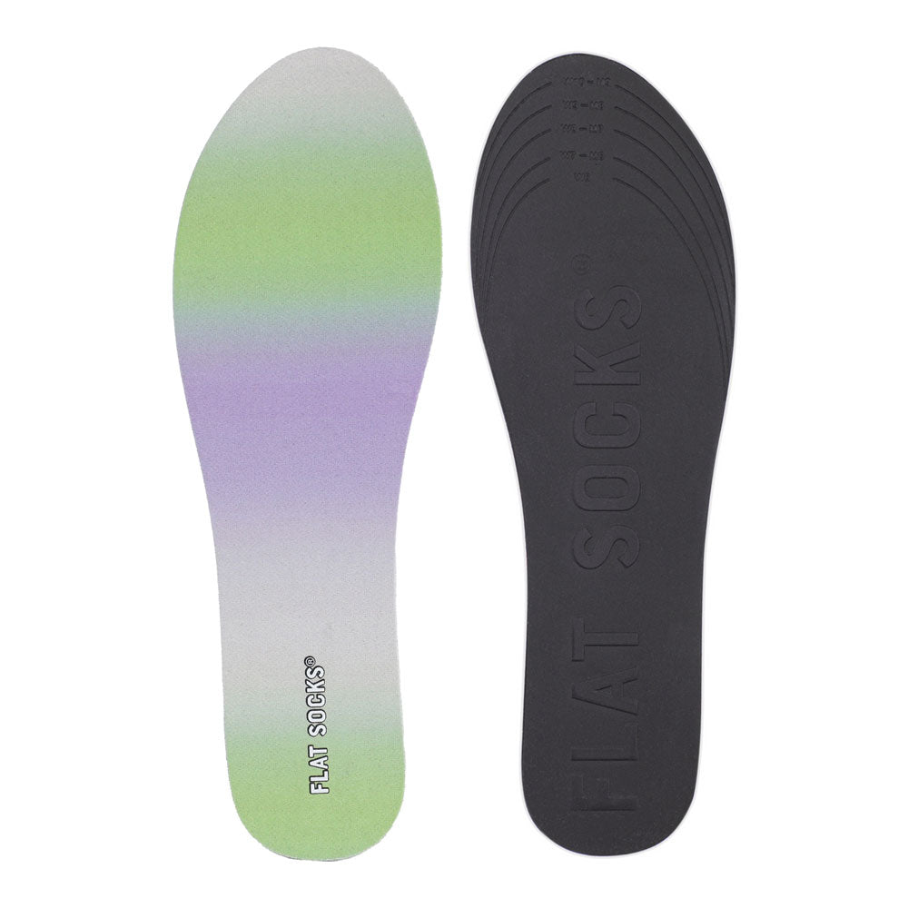 View of top fabric on left liner, view of bottom of right liner. Insole liner features purple & green gradient printed on top fabric. Bottom of FLAT SOCK is 100% black polyurethane foam and provides slight cushion under foot and its super grippy surface helps liner stay in place all day