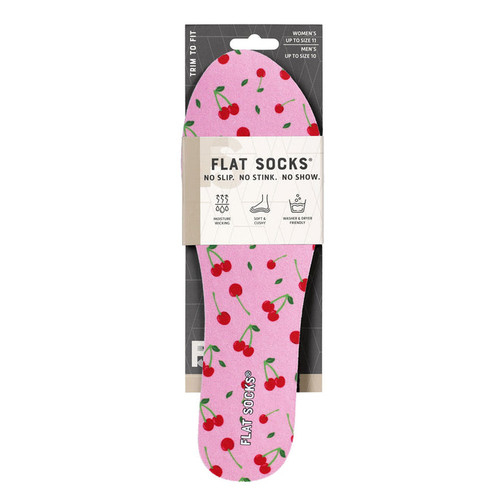 View of the front of light pink with fruit print FLAT SOCK in packaging, FLAT SOCKS no slip, no stink, no show. Moisture wicking, soft & cushy, washer & dryer friendly. Features light pink and red cherry fruit print on insole liner #size_small-up-to-women-s-11-men-s-10