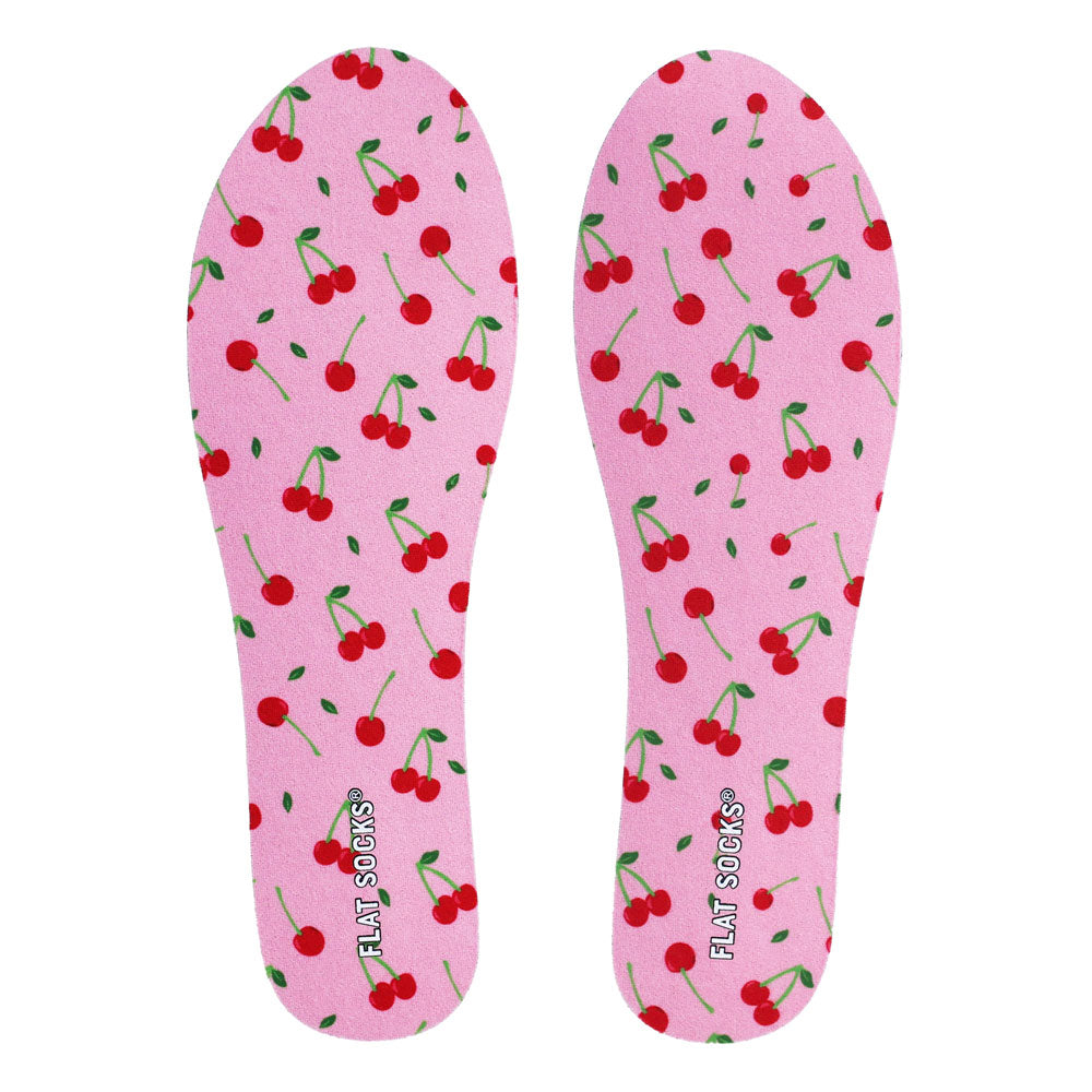 View of top fabric on pair of light pink with fruit print FLAT SOCK, insole liner features light pink and red cherry fruit print on top fabric #size_small-up-to-women-s-11-men-s-10