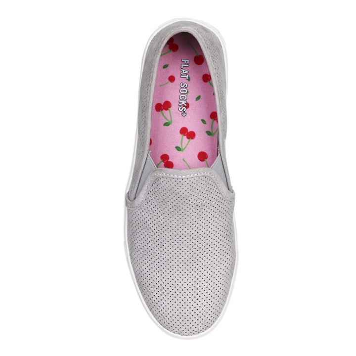 Light pink with fruit print FLAT SOCK in light gray slip-on shoe. Insole liner features light pink and red cherry fruit print on top fabric. Shoe liner is made of 100% polyester woven material, closest material to a traditional sock, helps protect and extend life of shoes. #size_small-up-to-women-s-11-men-s-10